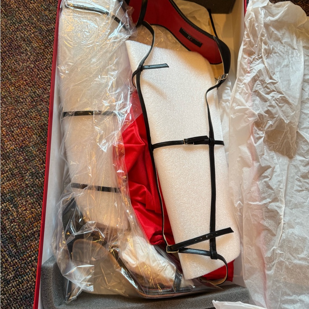 Carolina Herrera Red and Black Strap Up Heels